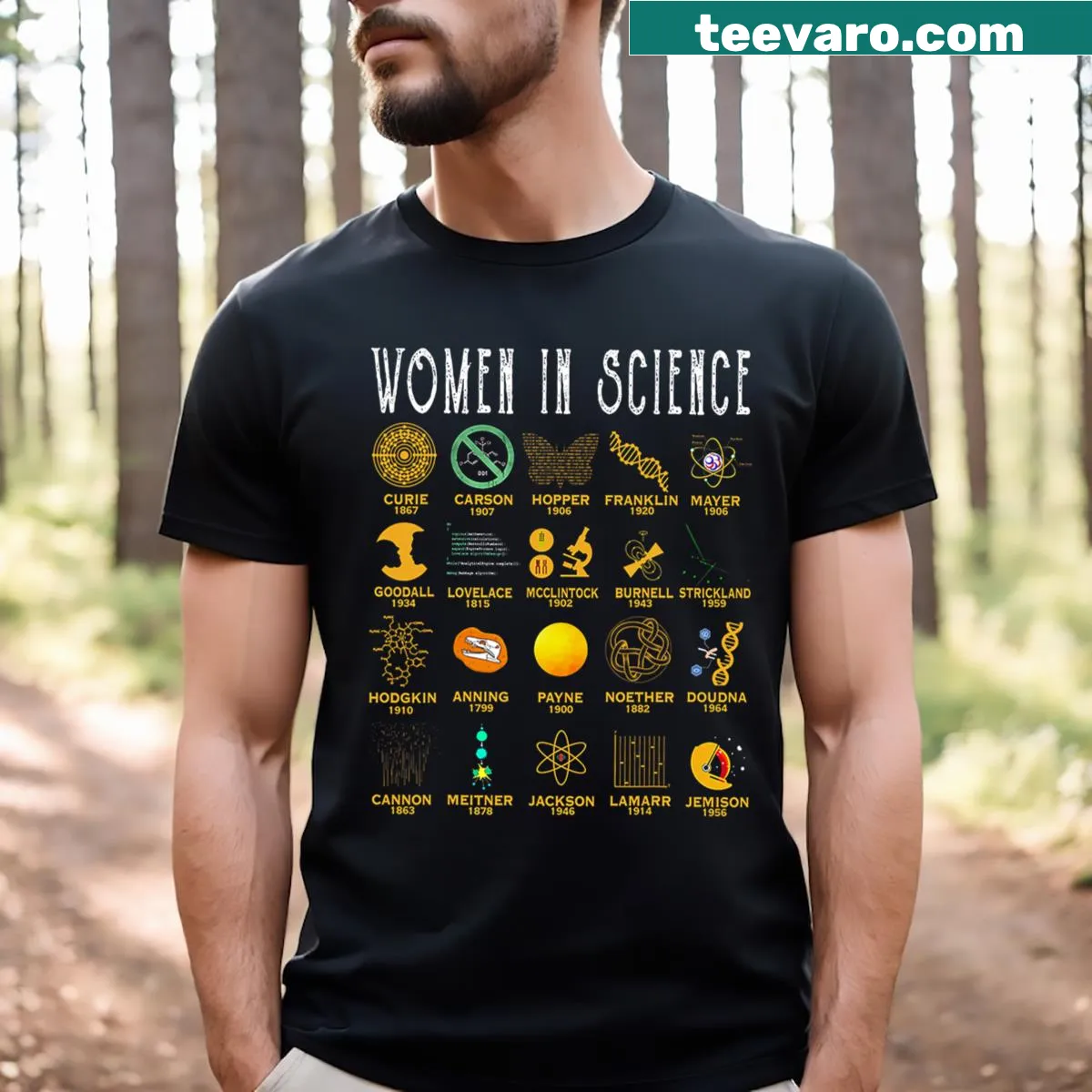 Typography Women In Science t-shirt celebrating women's contributions — on a men's t-shirt
