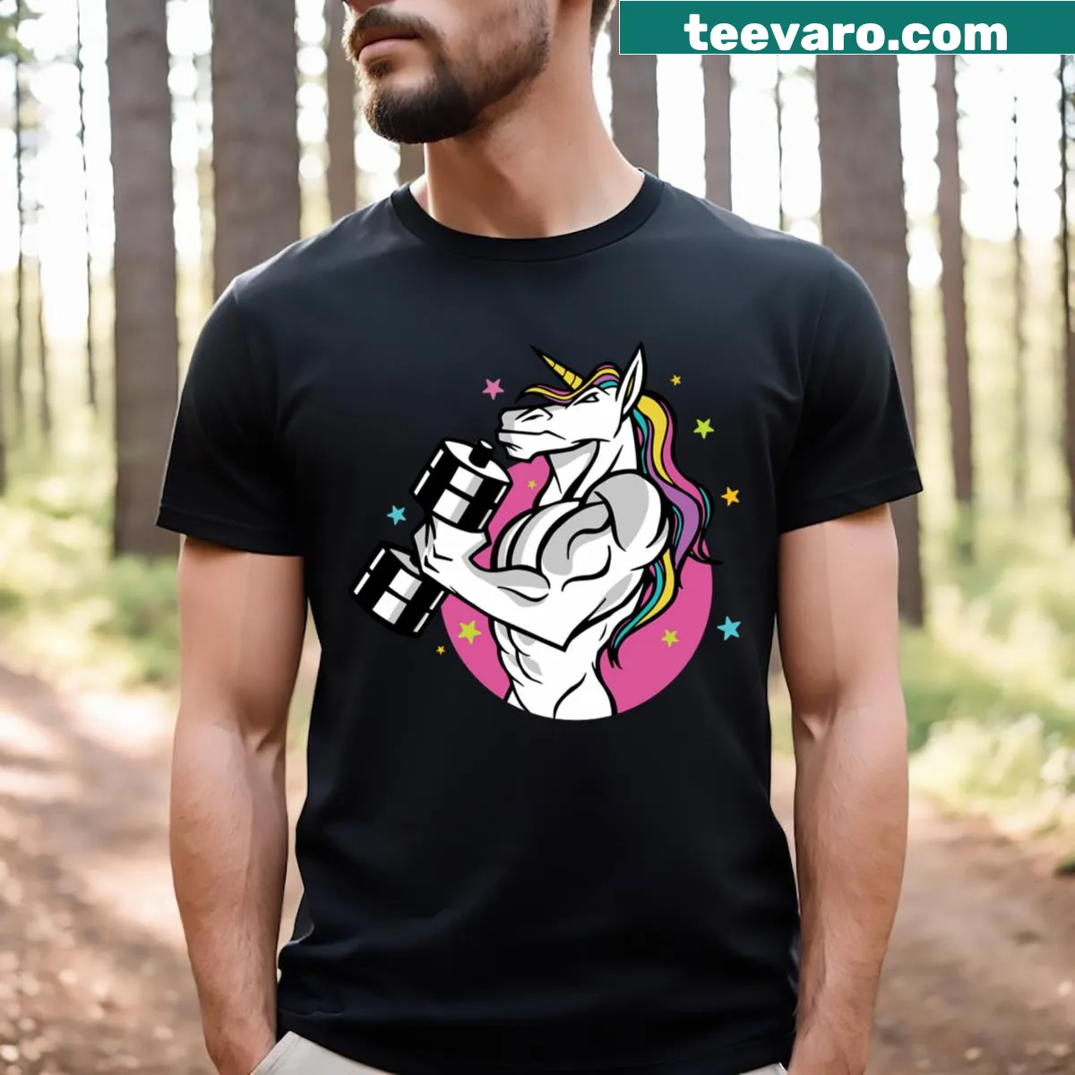 Whimsical unicorn illustration on a gym-themed fitness T-shirt for women. — on a men's t-shirt