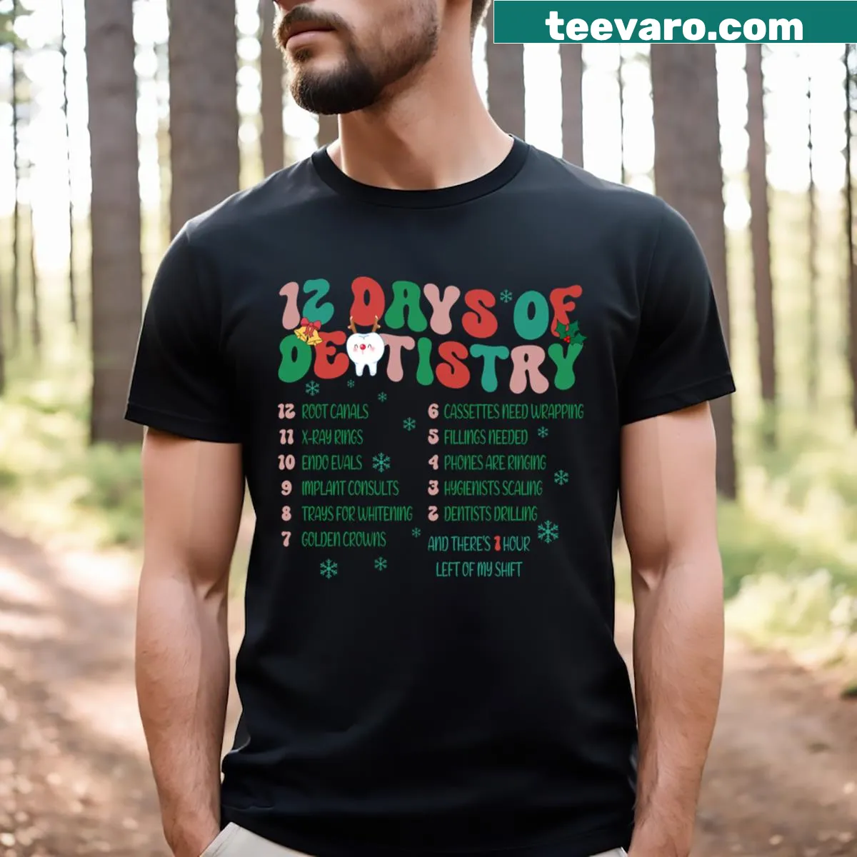 Illustrated Christmas T-shirt featuring humorous dental-themed design — on a men's t-shirt