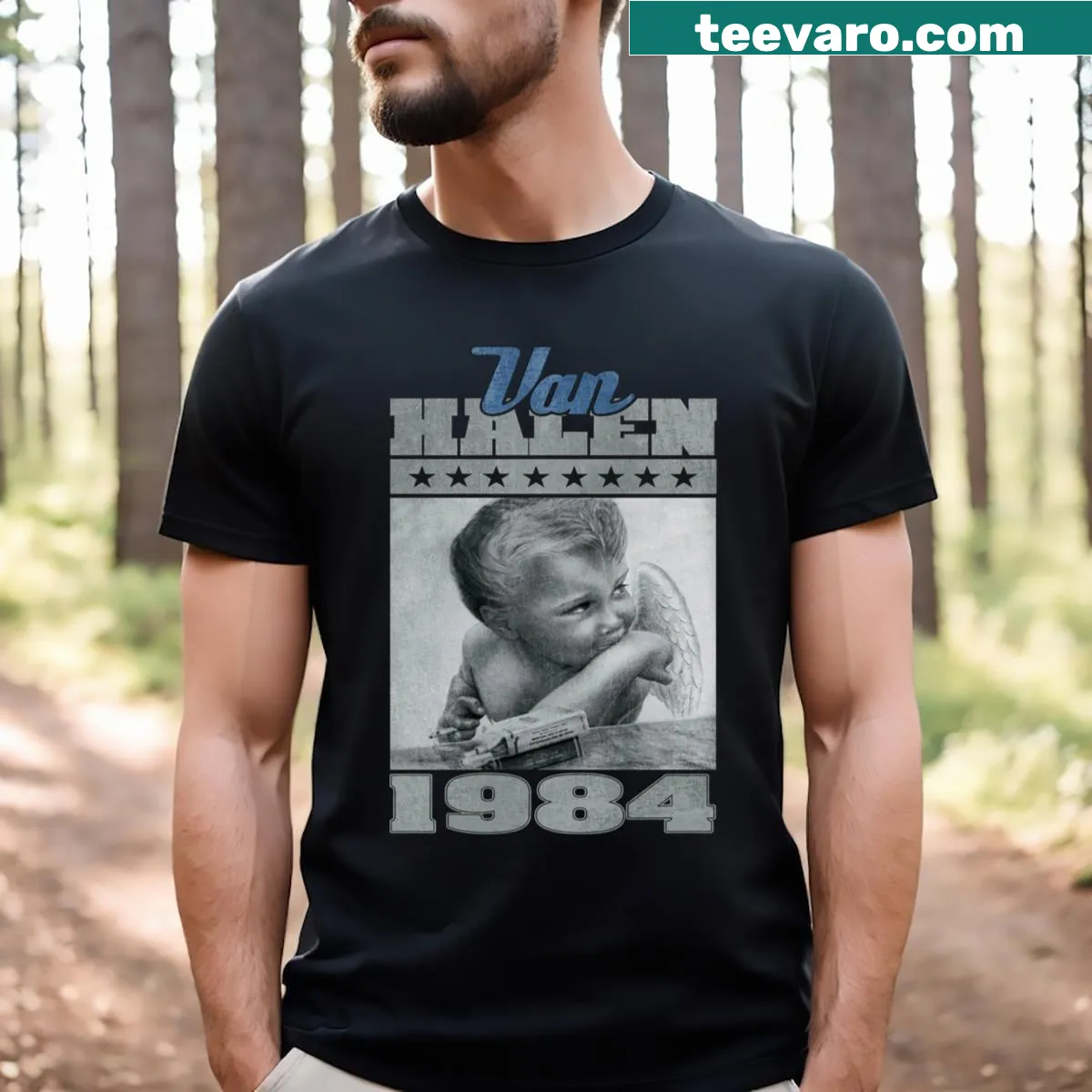 Graphic T-shirt featuring a world tour illustration — on a men's t-shirt