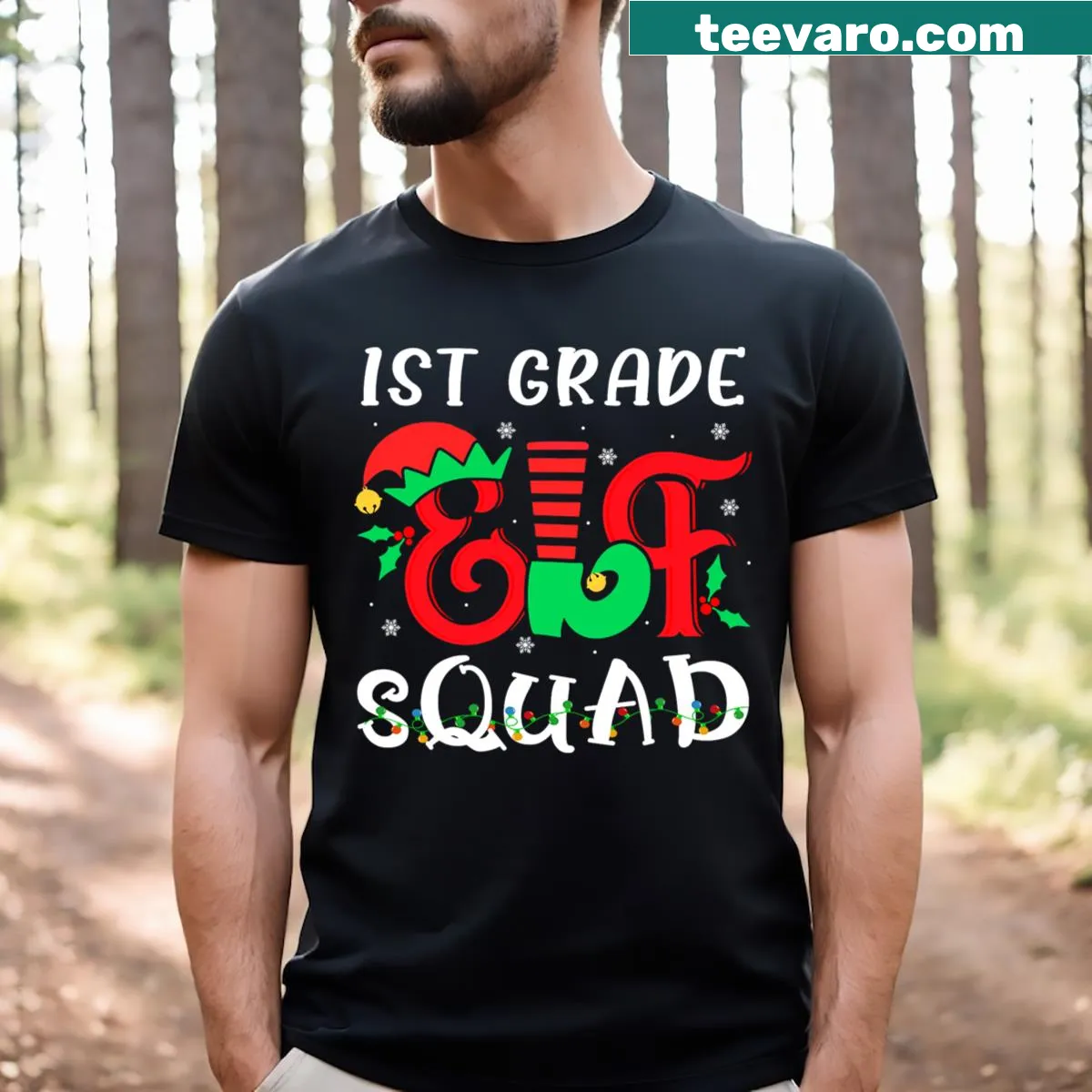 Illustration of elves for a 1st grade Christmas group t-shirt — on a men's t-shirt