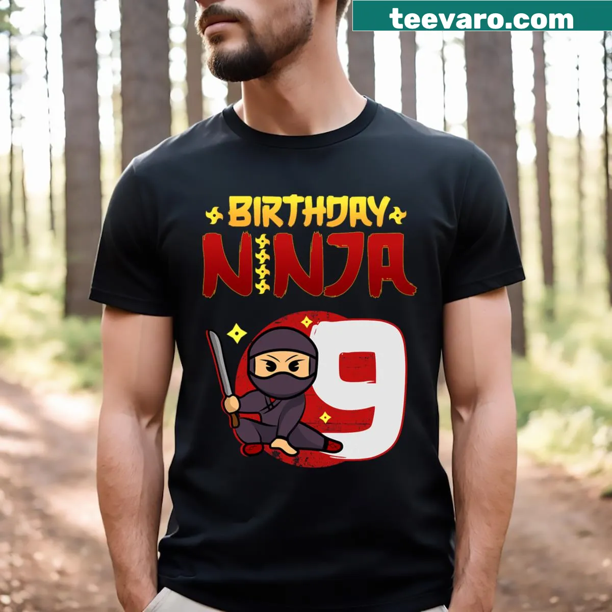 Ninja-themed birthday t-shirt for 9-year-olds with cartoon design — on a men's t-shirt