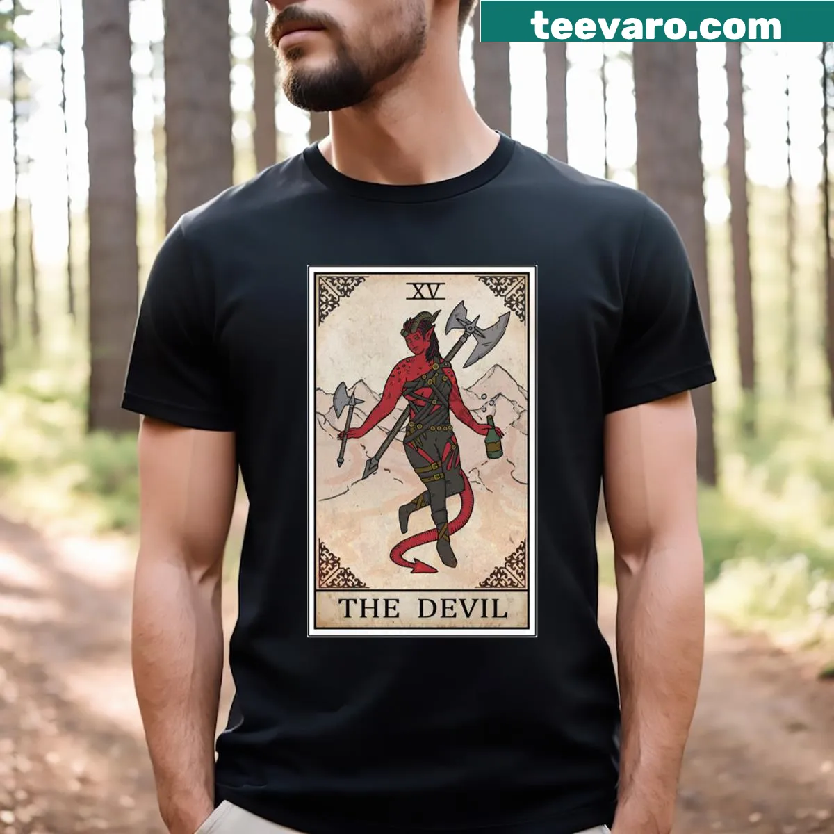 Karlach tarot card design inspired by Baldur's Gate 3 on t-shirt — on a men's t-shirt