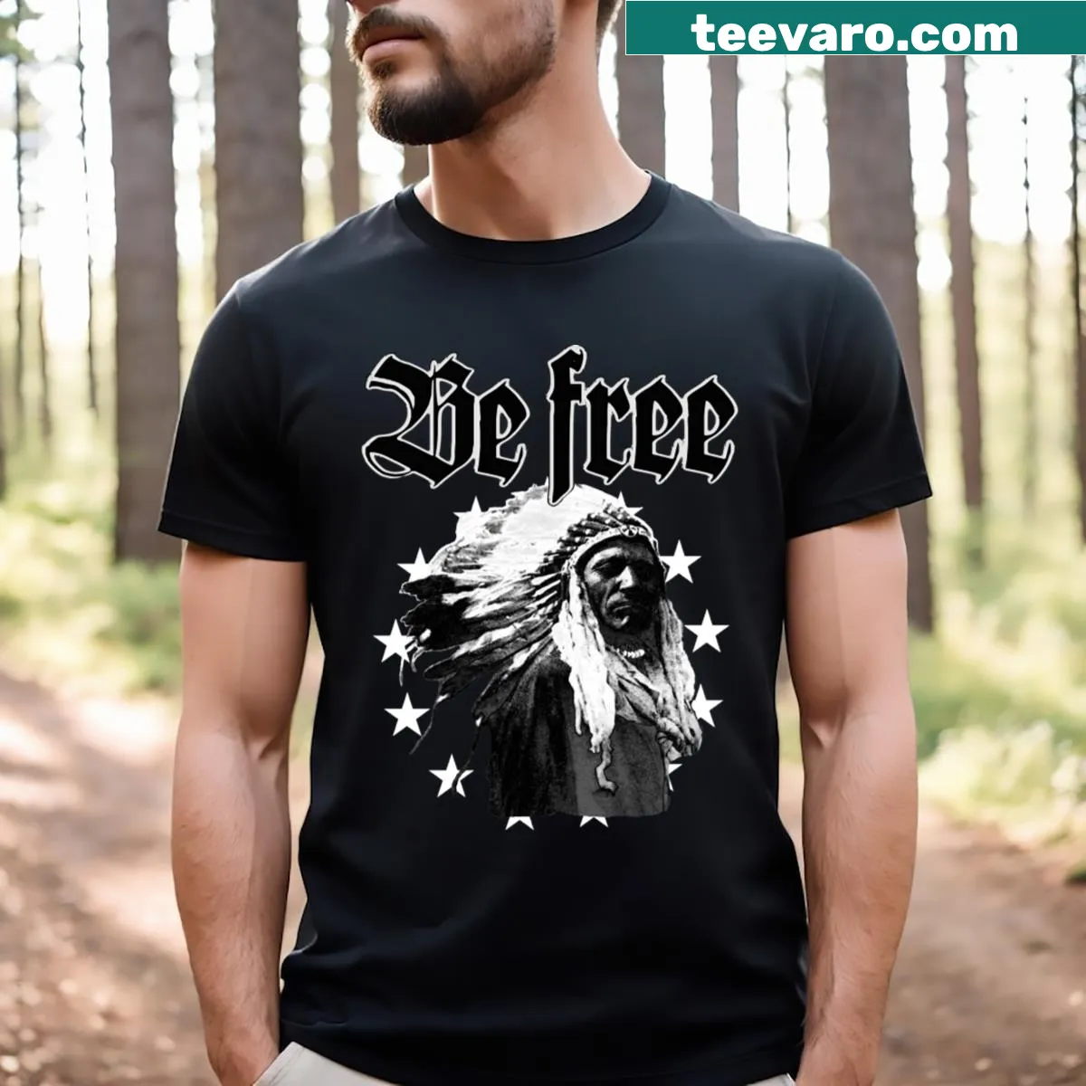 Illustrative T-shirt with 'Be Free' design inspired by Native American culture — on a men's t-shirt
