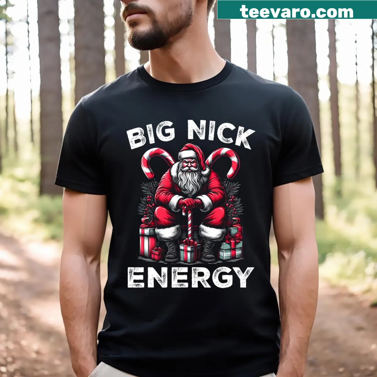 Funny Santa Claus Christmas t-shirt with Big Nick Energy — on a men's t-shirt