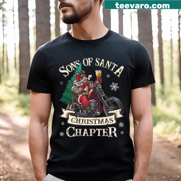 Santa riding a motorcycle on a Christmas themed t-shirt