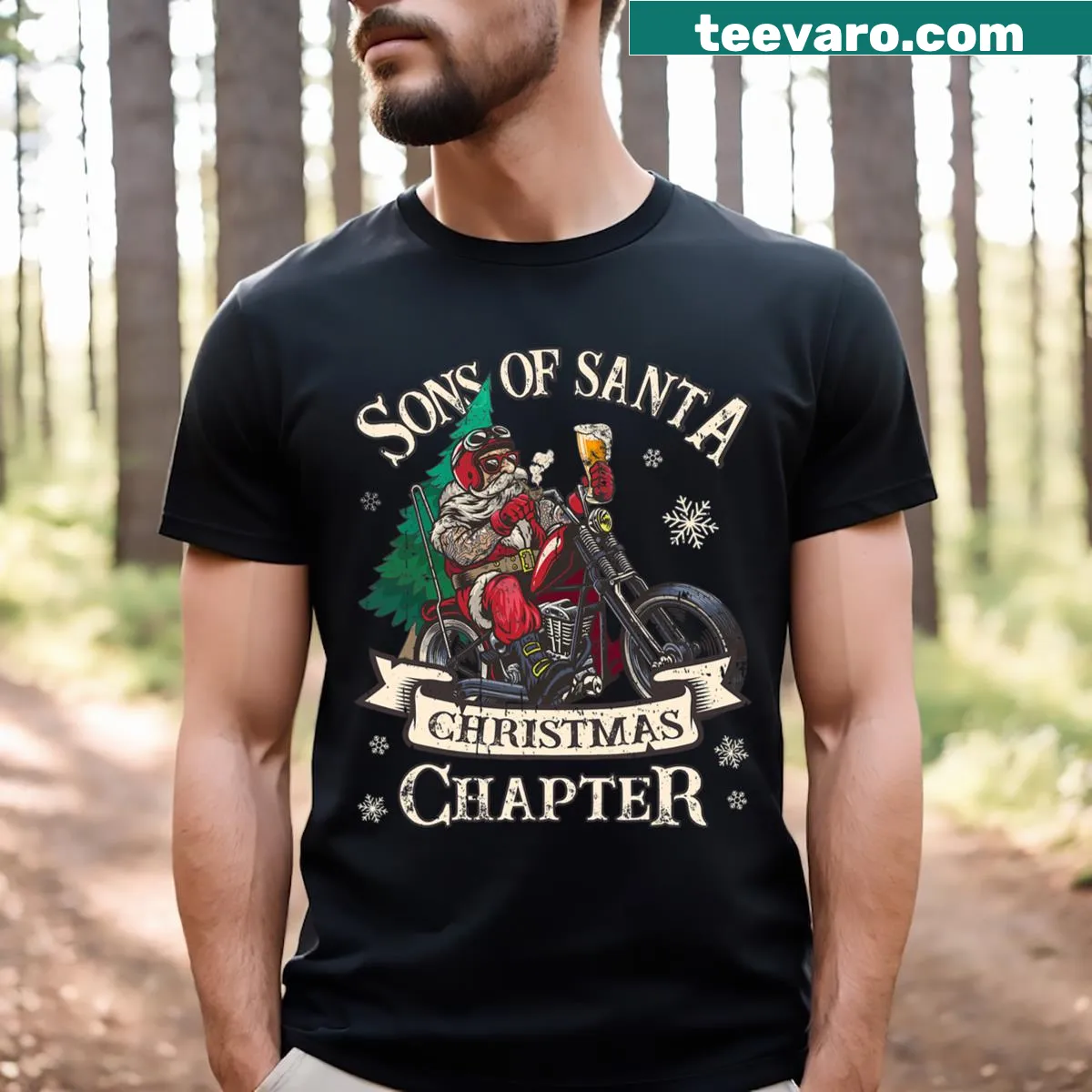 Santa riding a motorcycle on a Christmas themed t-shirt — on a men's t-shirt