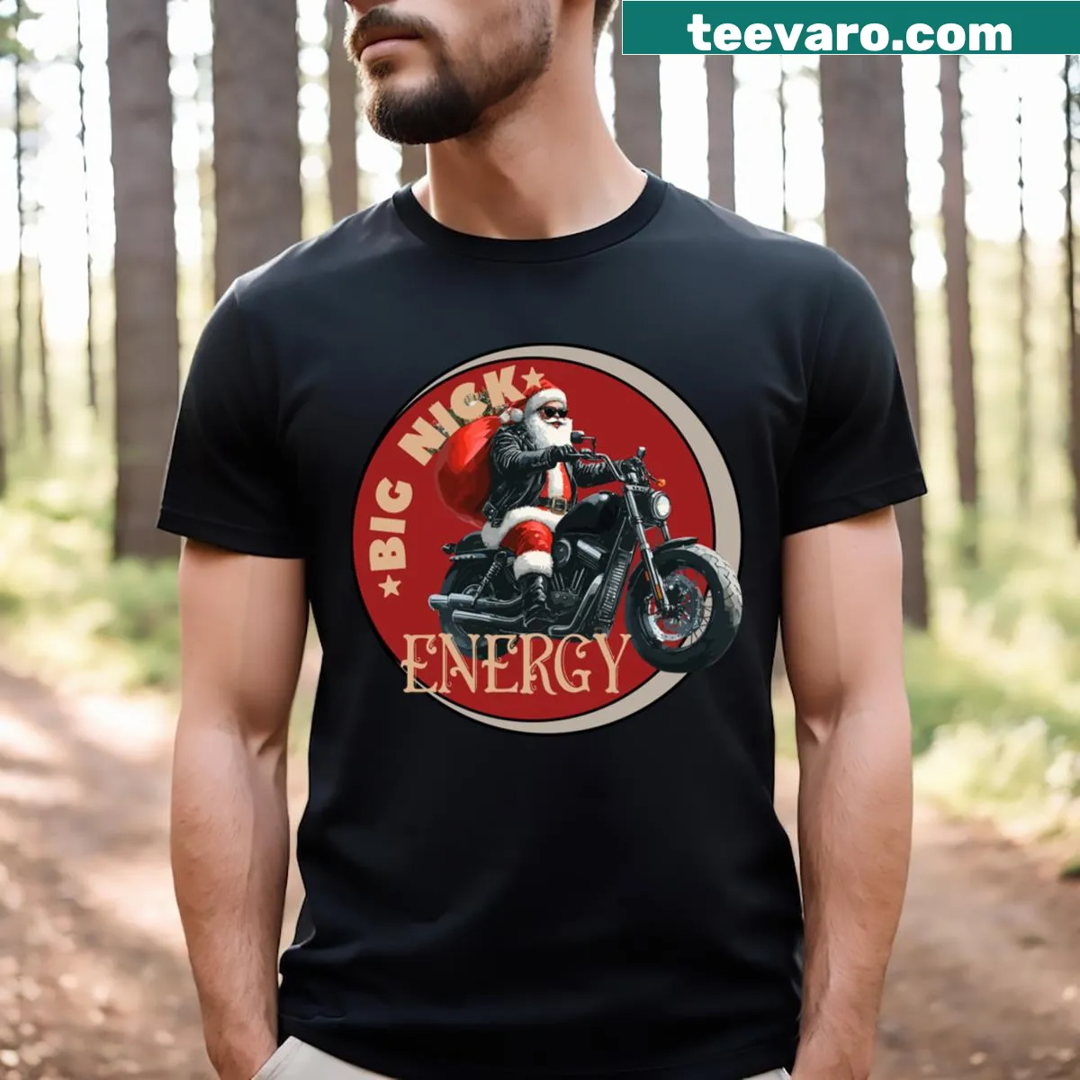Vintage motorcycle Santa t-shirt with Buckle Up Betsy and Big Nick Energy — on a men's t-shirt
