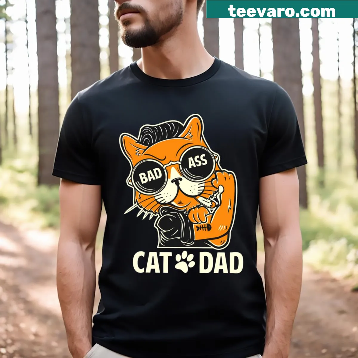 Sarcastic typography design declaring 'Cat Dad' with a tough vibe — on a men's t-shirt