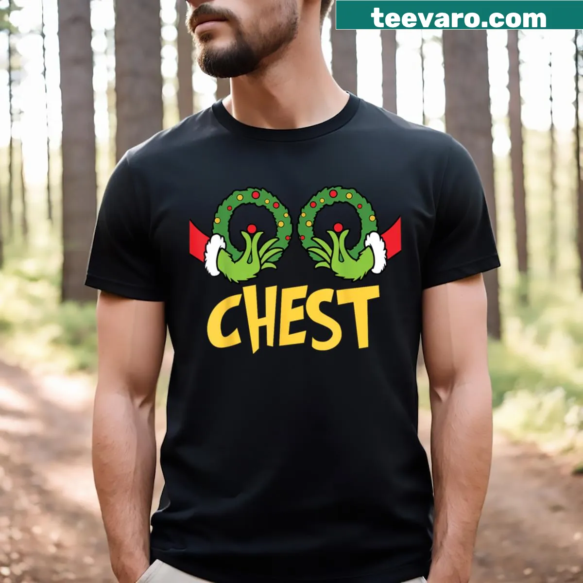 Funny matching couple t-shirts with 'Chest Nuts' design — on a men's t-shirt