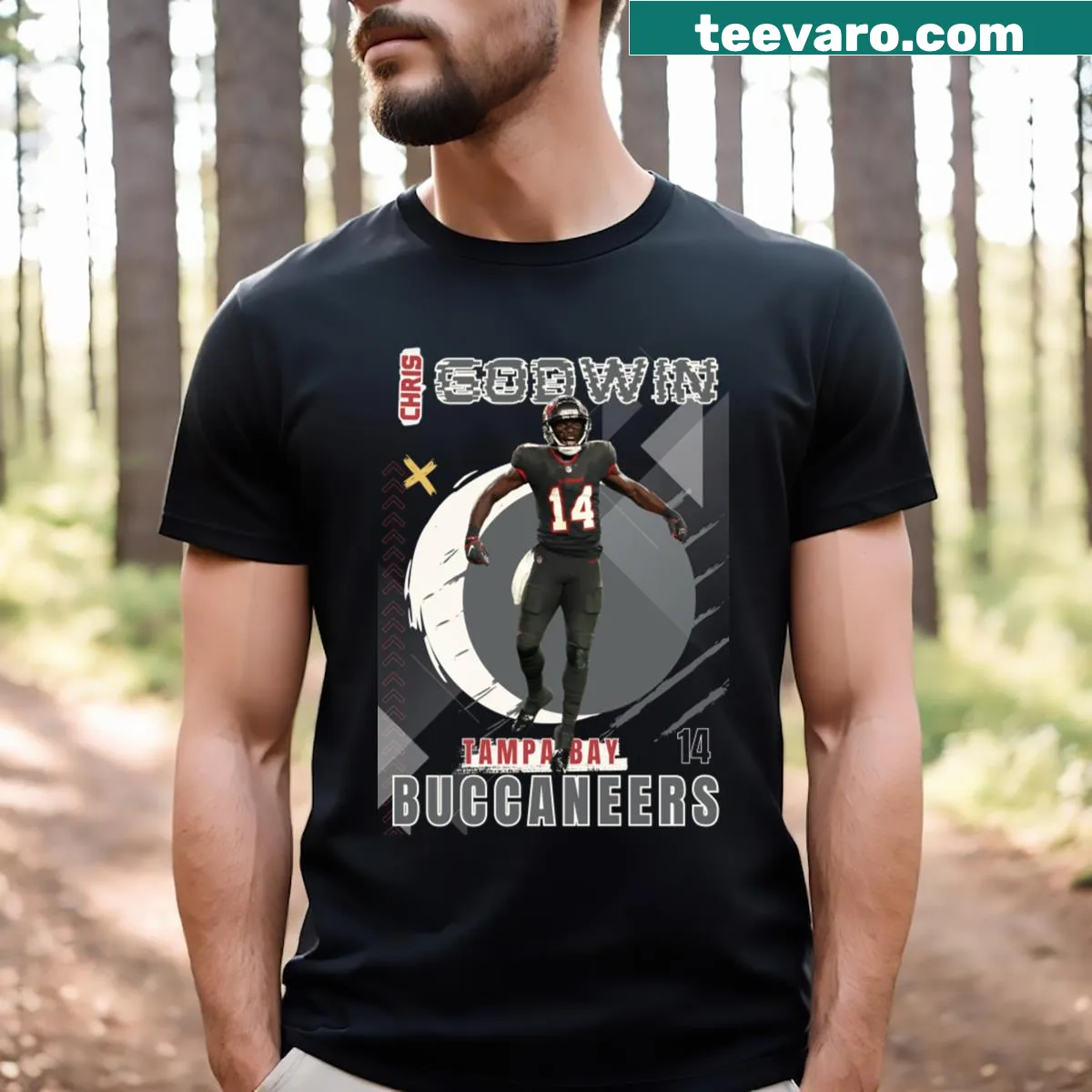 T-shirt featuring Chris Godwin design for Buccaneers fans — on a men's t-shirt