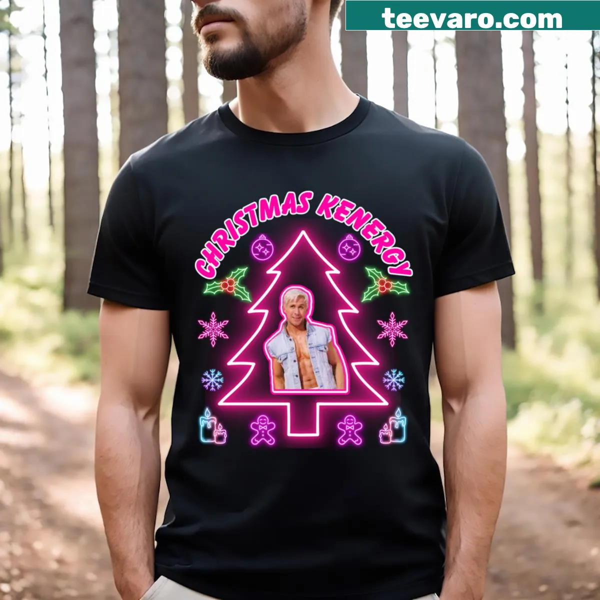 Playful Christmas T-shirt featuring 'Kenergy' text — on a men's t-shirt