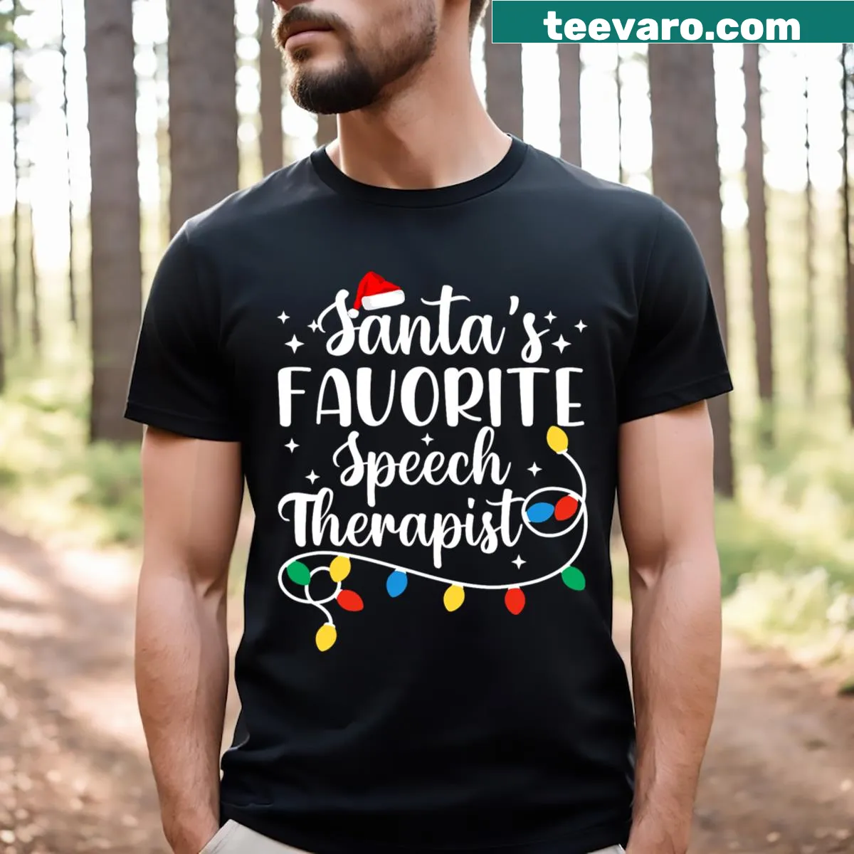 Santa with speech bubble on a holiday-themed tee for speech therapists — on a men's t-shirt