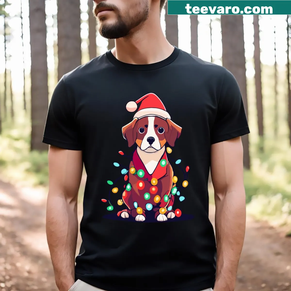 Festive t-shirt featuring a Christmas tree with dog elements — on a men's t-shirt
