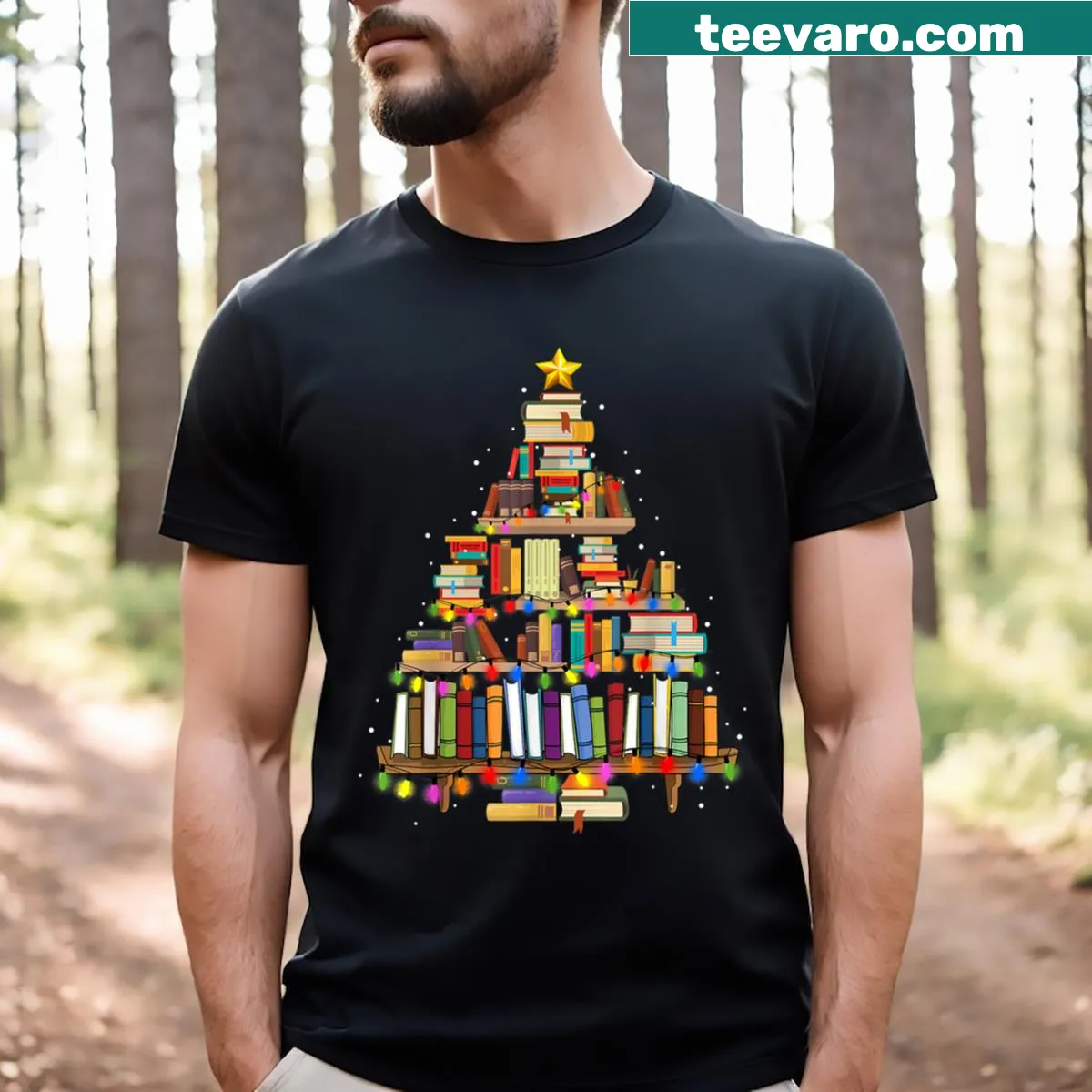 Illustration of a Christmas tree made of books for book lovers — on a men's t-shirt