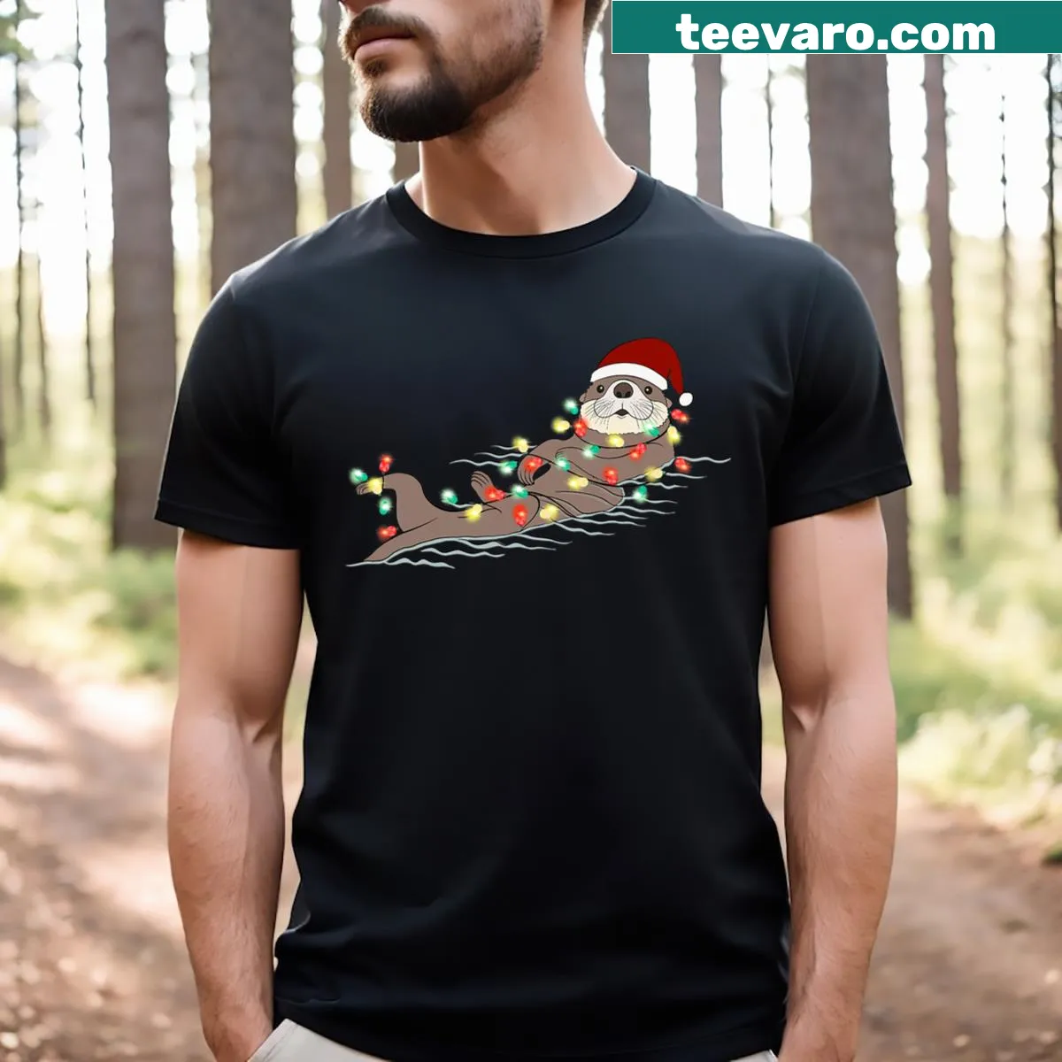 Cute otter tangled in Christmas tree lights in a playful design — on a men's t-shirt