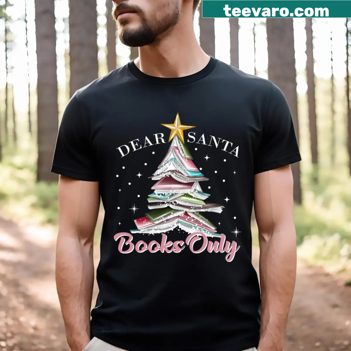 Whimsical typography design with 'Dear Santa, Books Only' for book lovers — on a men's t-shirt