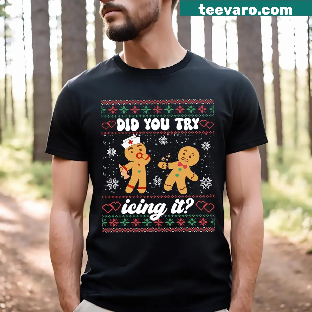 Funny Christmas T-shirt featuring gingerbread man with humorous icing phrase — on a men's t-shirt