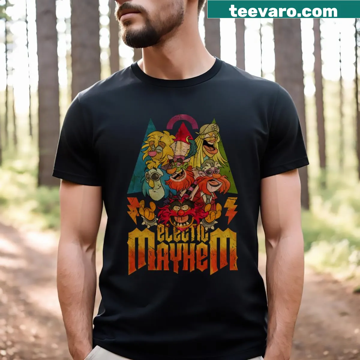 Retro T-shirt celebrating Electric Mayhem with a vintage design — on a men's t-shirt