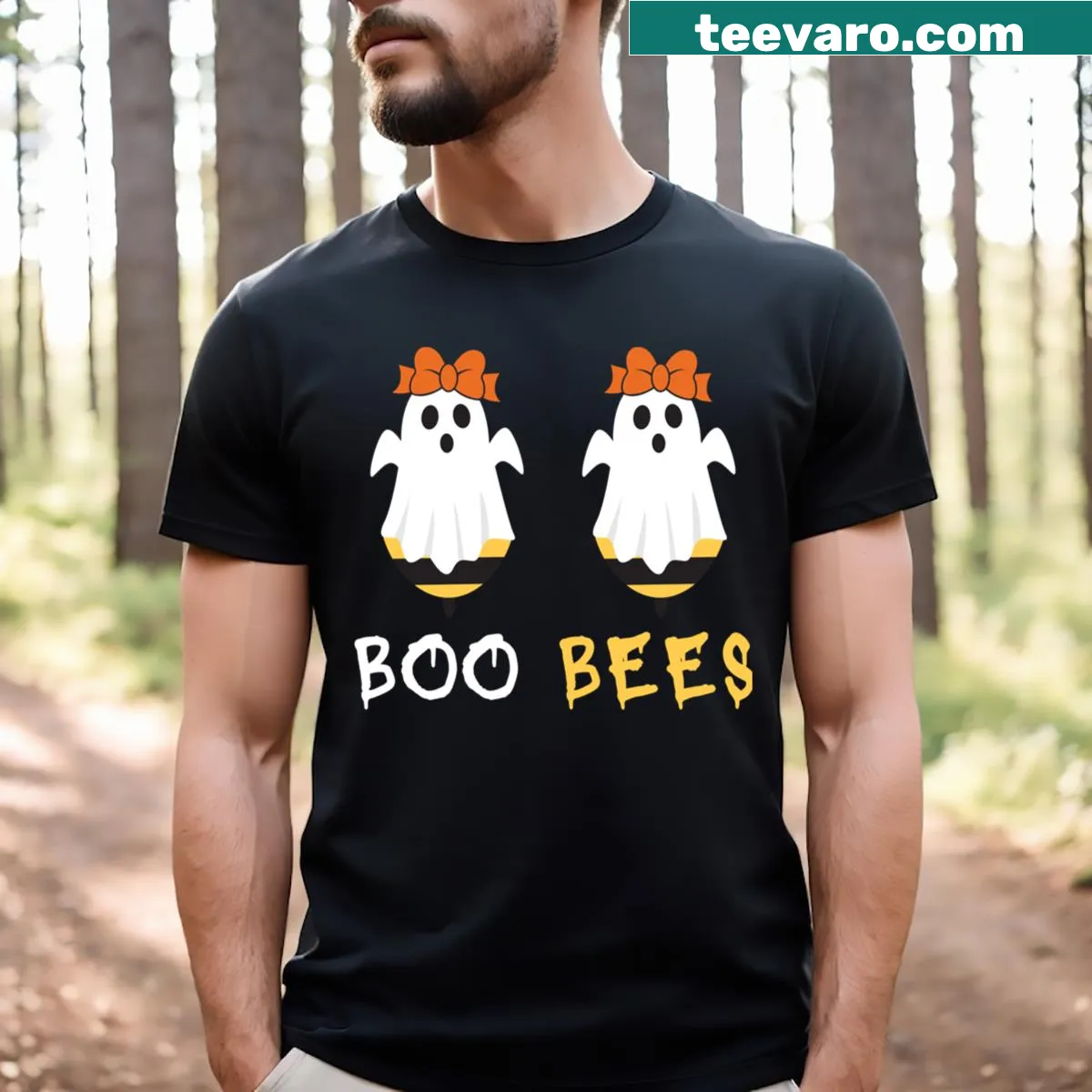 Funny Halloween couple t-shirt with ghostly bees and punny text — on a men's t-shirt