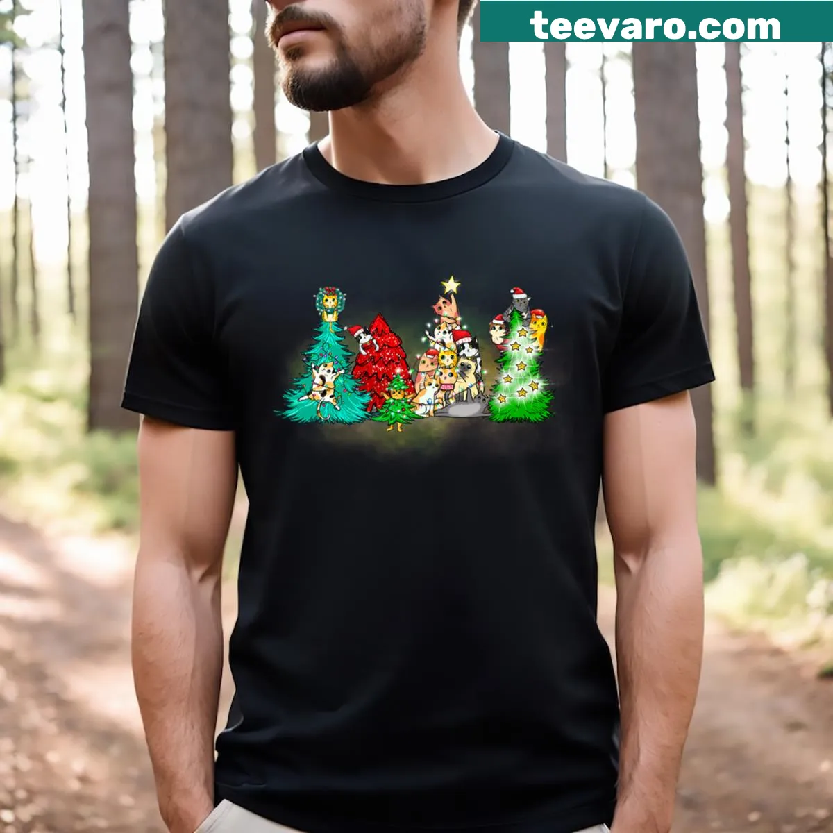 Cute Christmas tree design with playful cats for cat moms — on a men's t-shirt