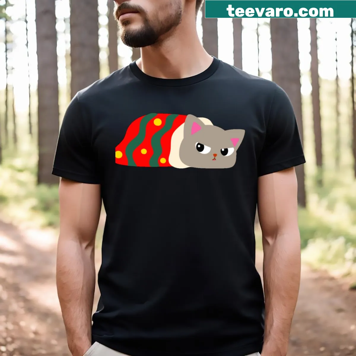 Festive Christmas cat graphic on a humorous t-shirt — on a men's t-shirt
