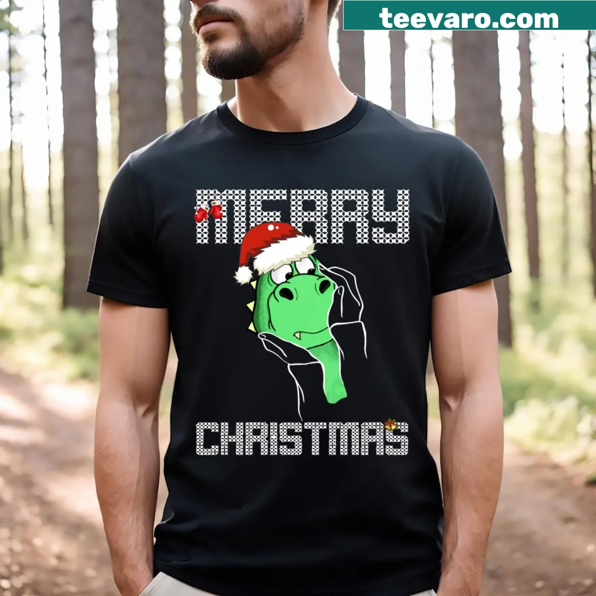 Funny Christmas dinosaur design t-shirt — on a men's t-shirt