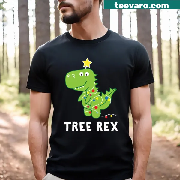 Humorous dinosaur dressed as a Christmas tree on a t-shirt
