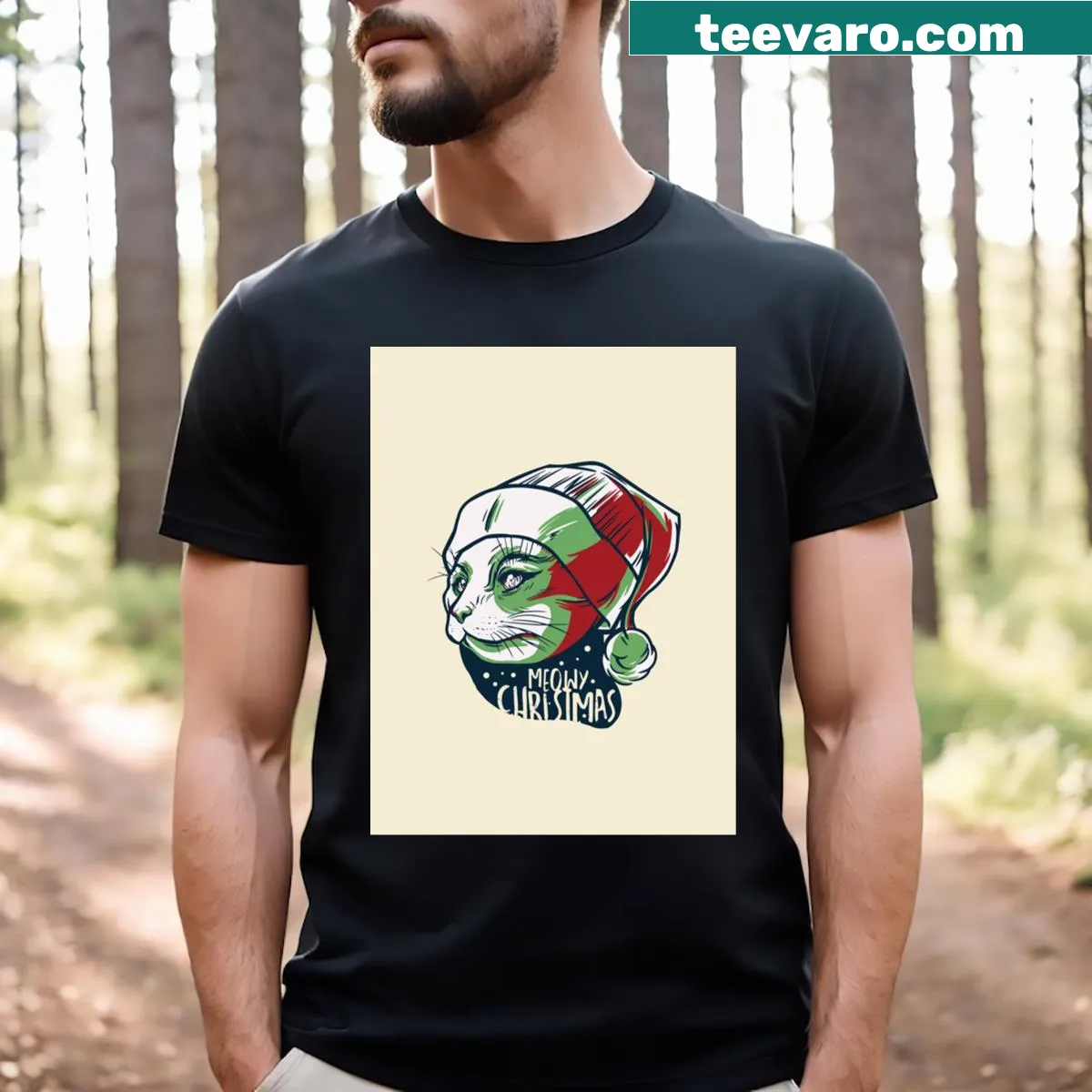 Cat in a Santa hat for a humorous Christmas T-shirt — on a men's t-shirt