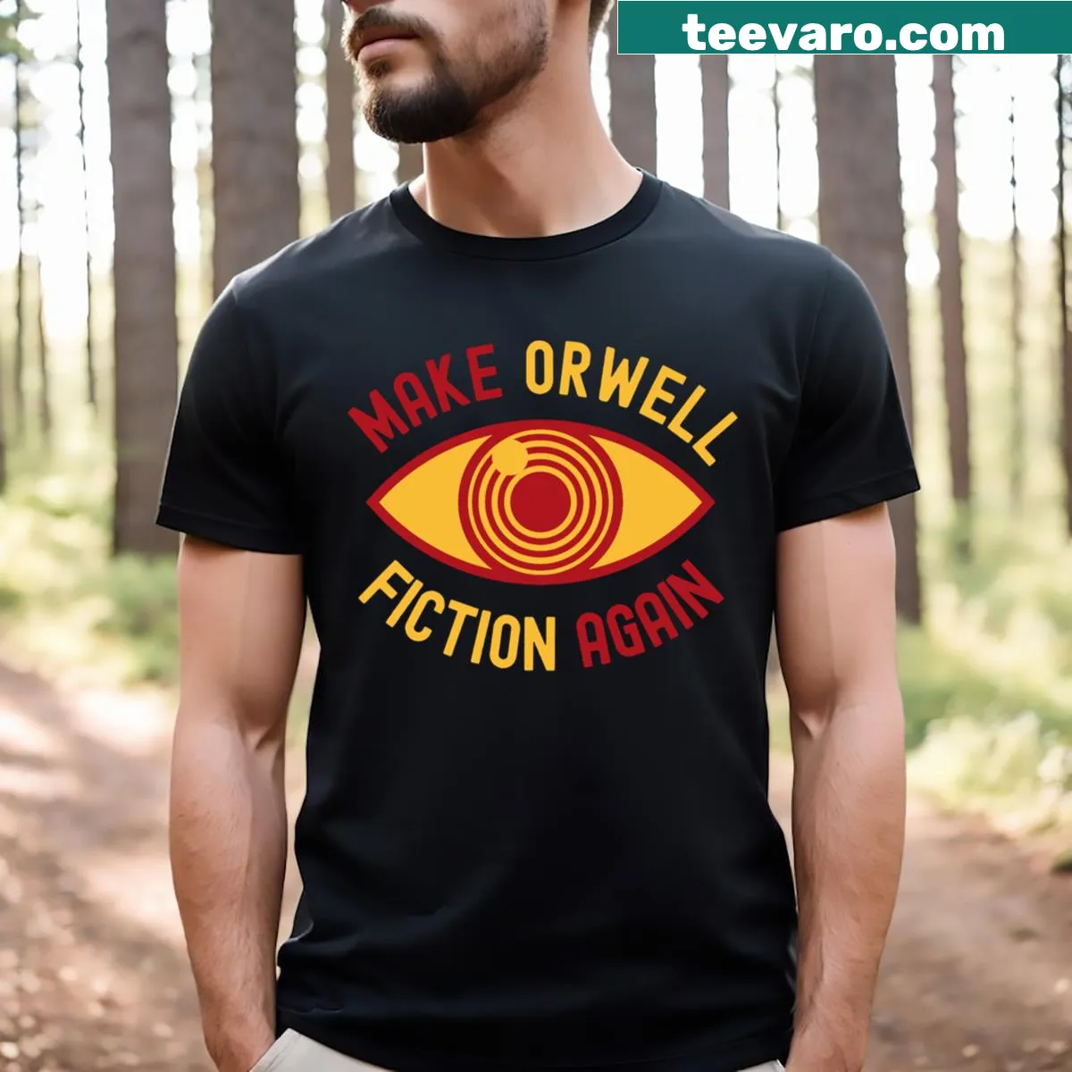 Red and yellow 'Make Orwell Fiction Again' text on T-shirt for teachers — on a men's t-shirt