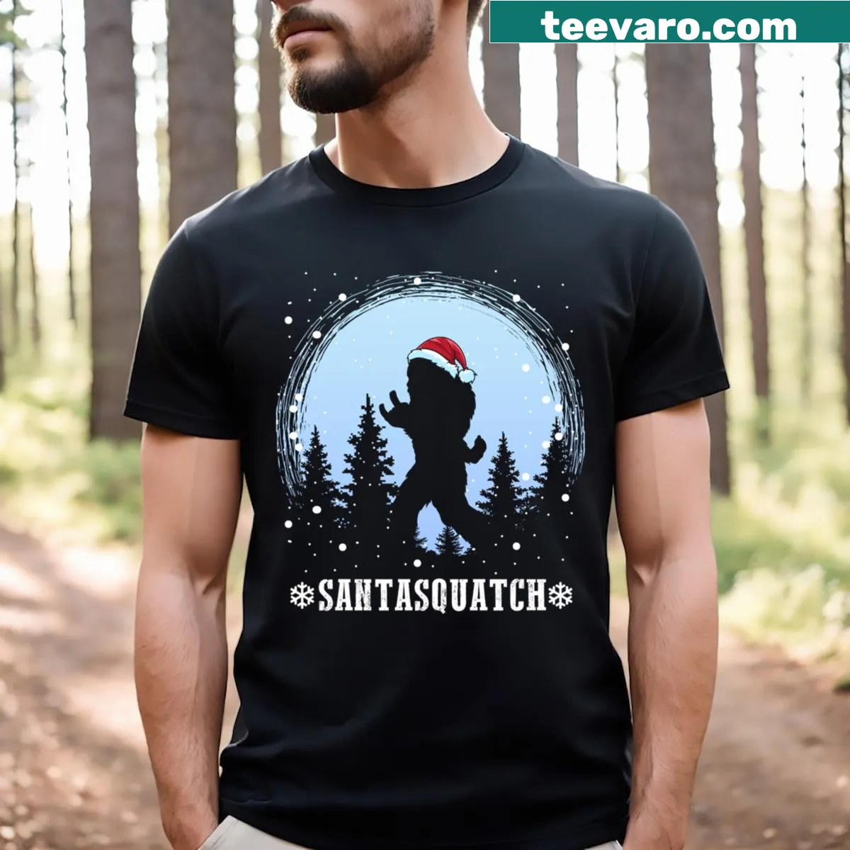 Illustration of Santa as Sasquatch in a humorous style for Christmas — on a men's t-shirt