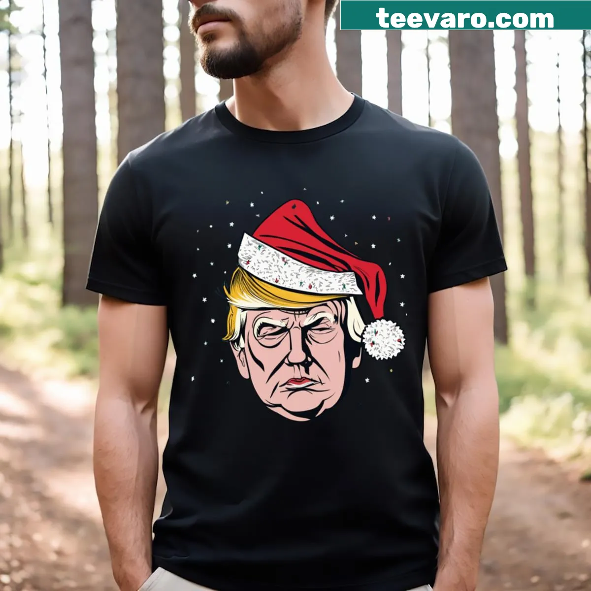 Illustration of Trump as Santa on funny holiday t-shirt — on a men's t-shirt