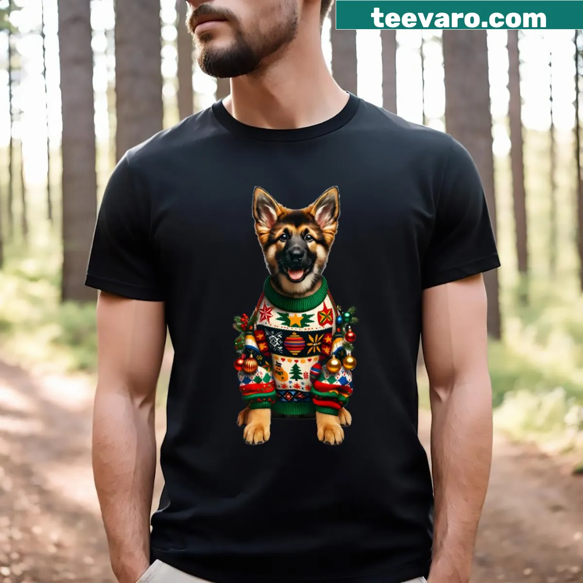 German Shepherd puppy themed Merry Woofmas t-shirt — on a men's t-shirt