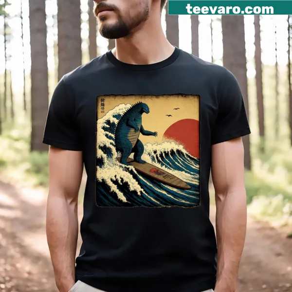 Parody t-shirt of Godzilla surfing the Great Wave