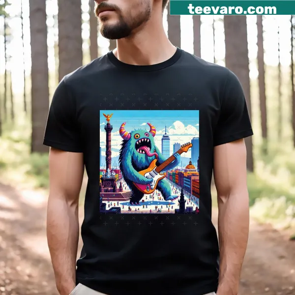 Funny retro-style T-shirt with a guitar monster graphic