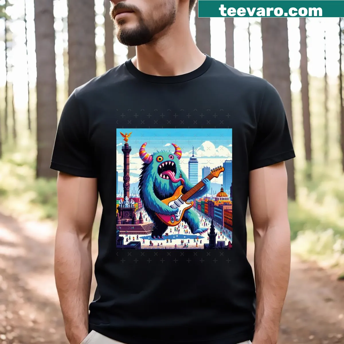 Funny retro-style T-shirt with a guitar monster graphic — on a men's t-shirt