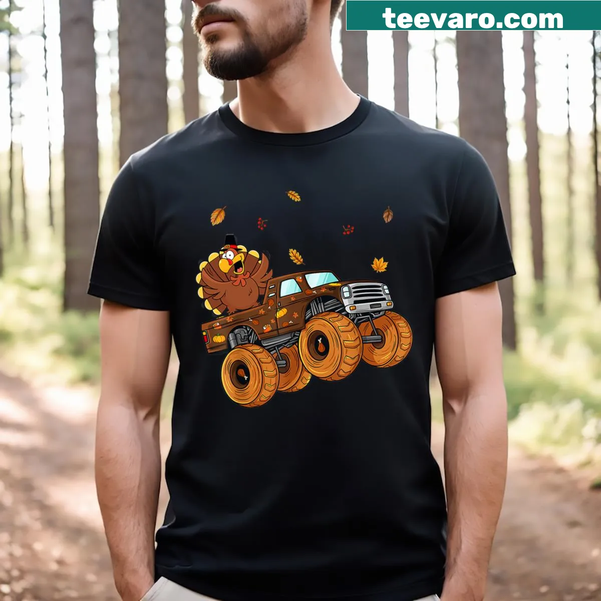Cartoon turkey riding a monster truck design for kids on a t-shirt — on a men's t-shirt