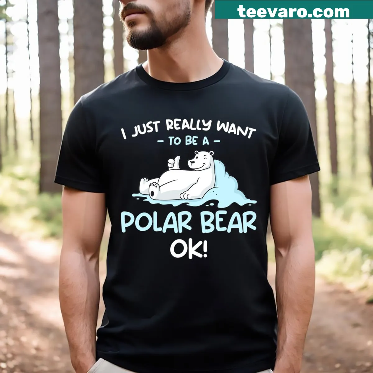 Whimsical T-shirt with an illustration of a polar bear and a playful phrase — on a men's t-shirt