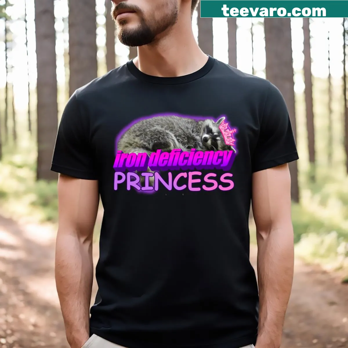 Cartoon T-shirt featuring the 'Iron Deficiency Princess Raccoon' meme in a humorous design. — on a men's t-shirt