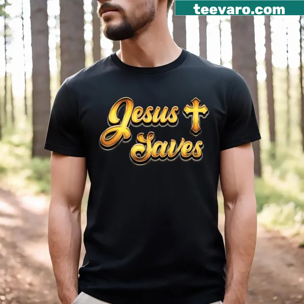 Inspirational t-shirt featuring the message 'Jesus Saves' in bold typography.