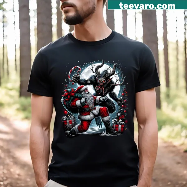 Graphic of Krampus and Santa in a festive showdown on a t-shirt.