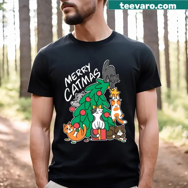 Cute Catmas T-shirt featuring a whimsical illustration