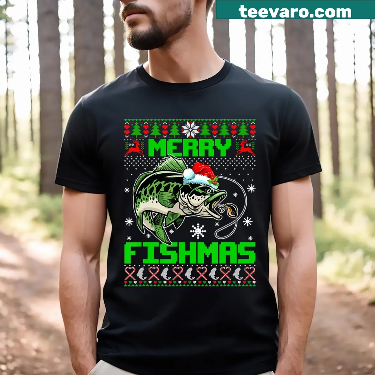 Funny Santa fishing graphic on a Christmas T-shirt — on a men's t-shirt