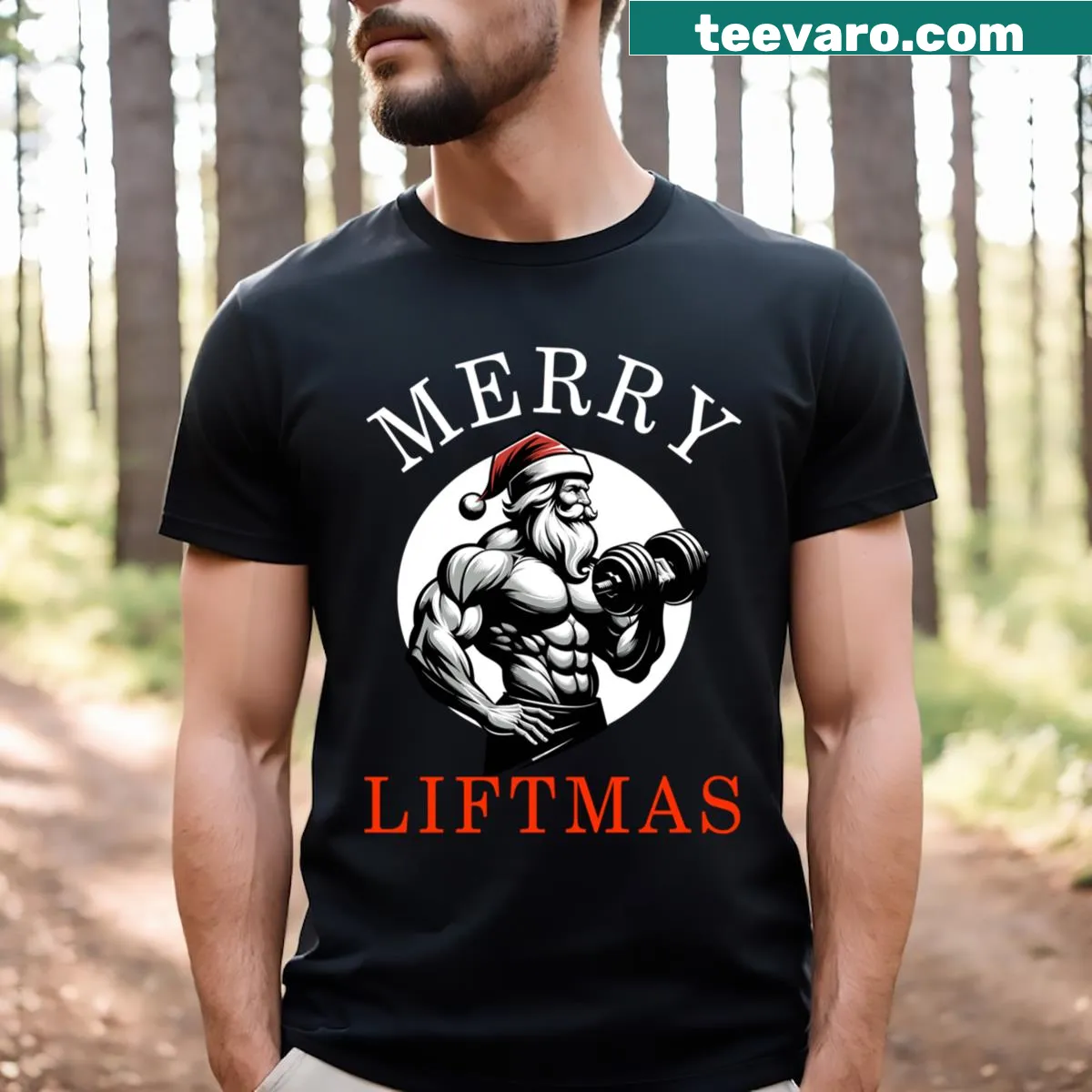 Santa lifting weights in a Christmas-themed graphic — on a men's t-shirt
