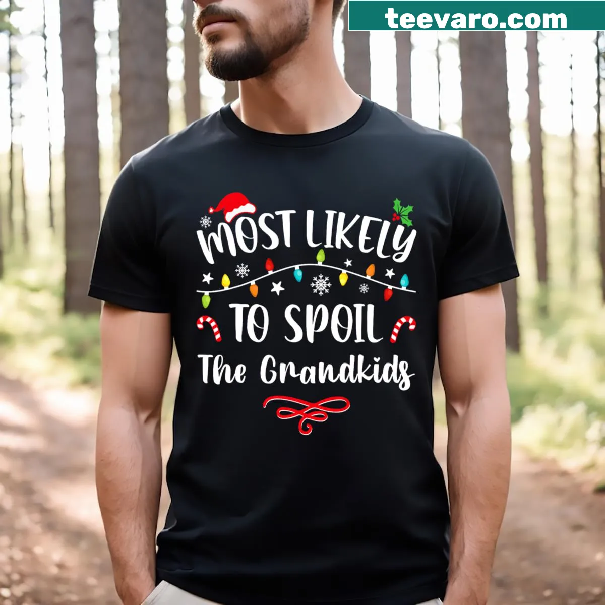 Funny Christmas Grandma T-shirt saying 'Most Likely To Spoil The Grandkids' — on a men's t-shirt