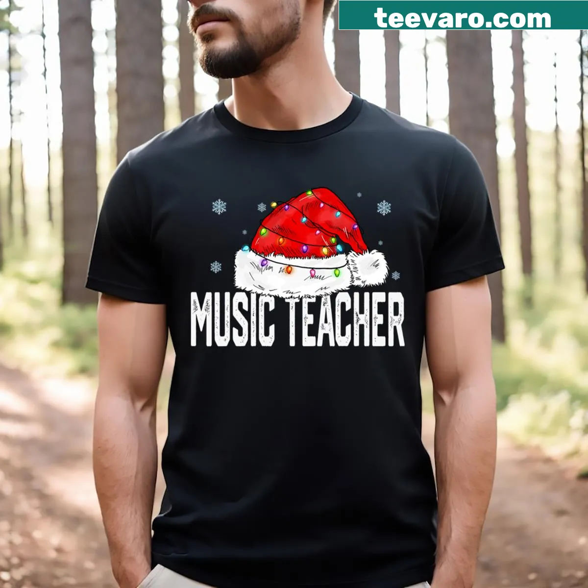 Christmas-themed T-shirt for music teachers with festive notes — on a men's t-shirt
