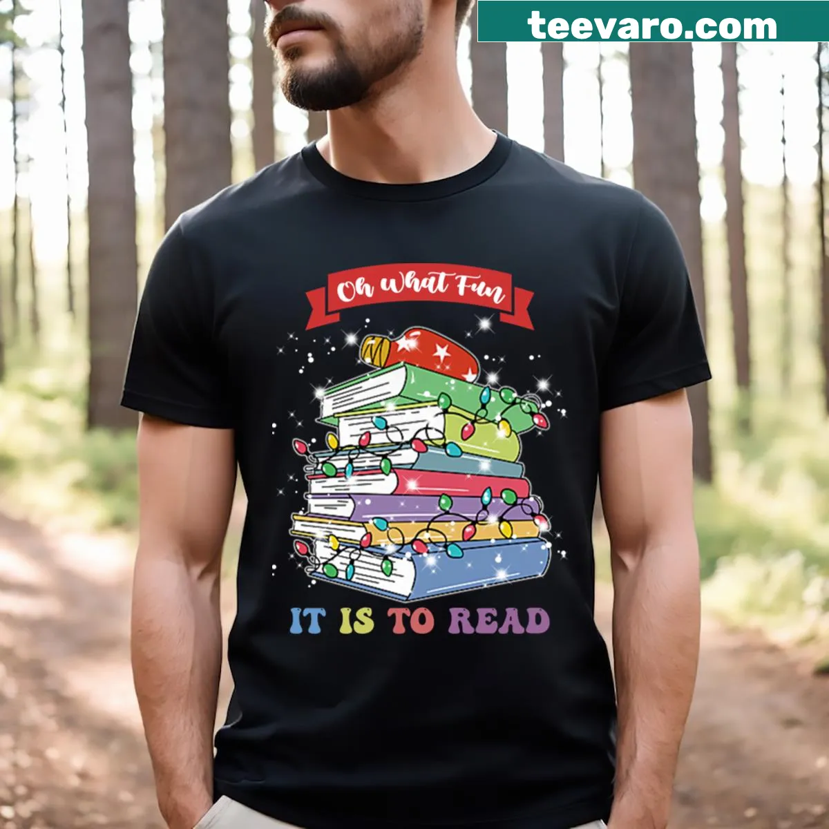 Christmas tree book lover t-shirt with festive reading theme — on a men's t-shirt