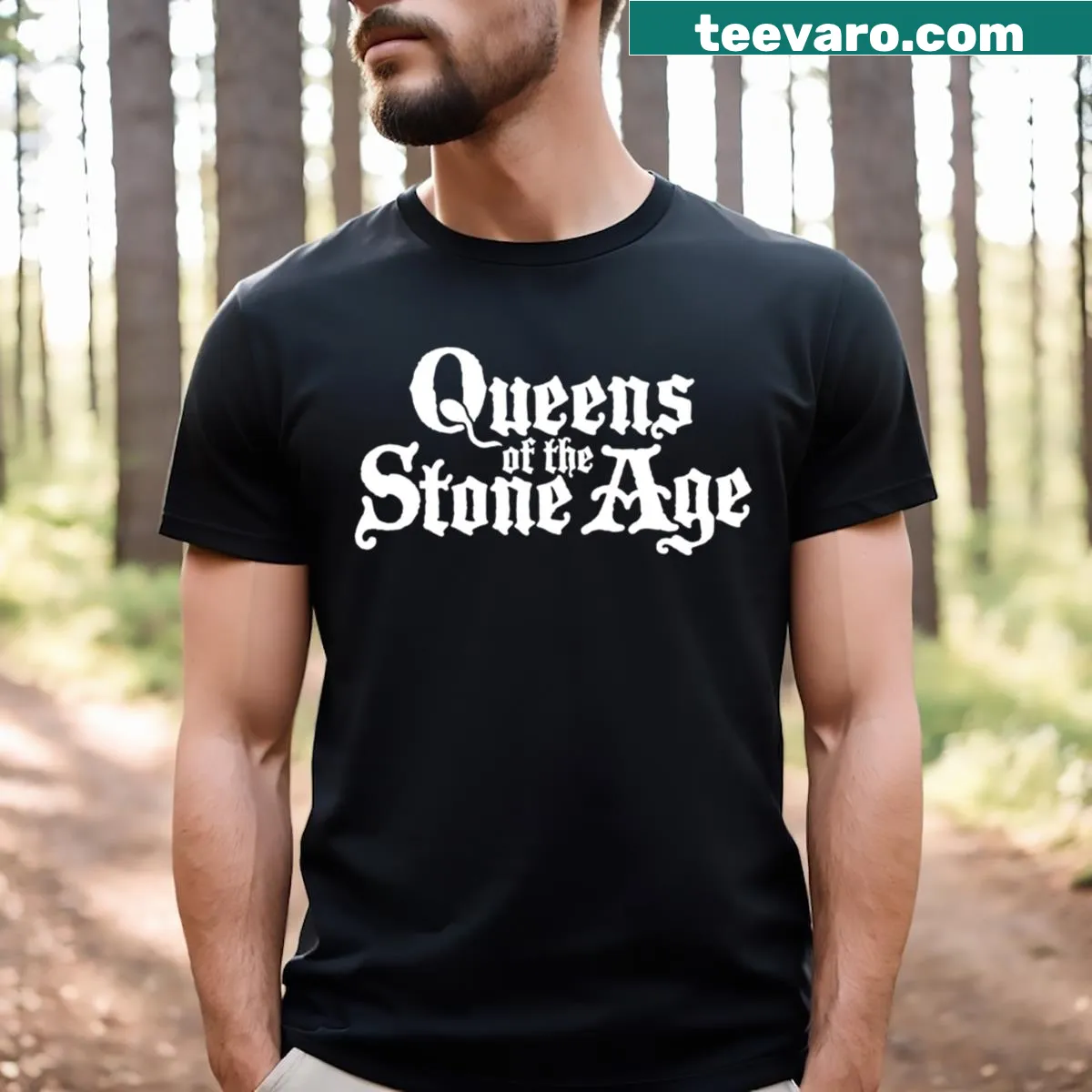 Graphic design featuring the band name 'Queens Of The Stone Age' on T-shirt — on a men's t-shirt