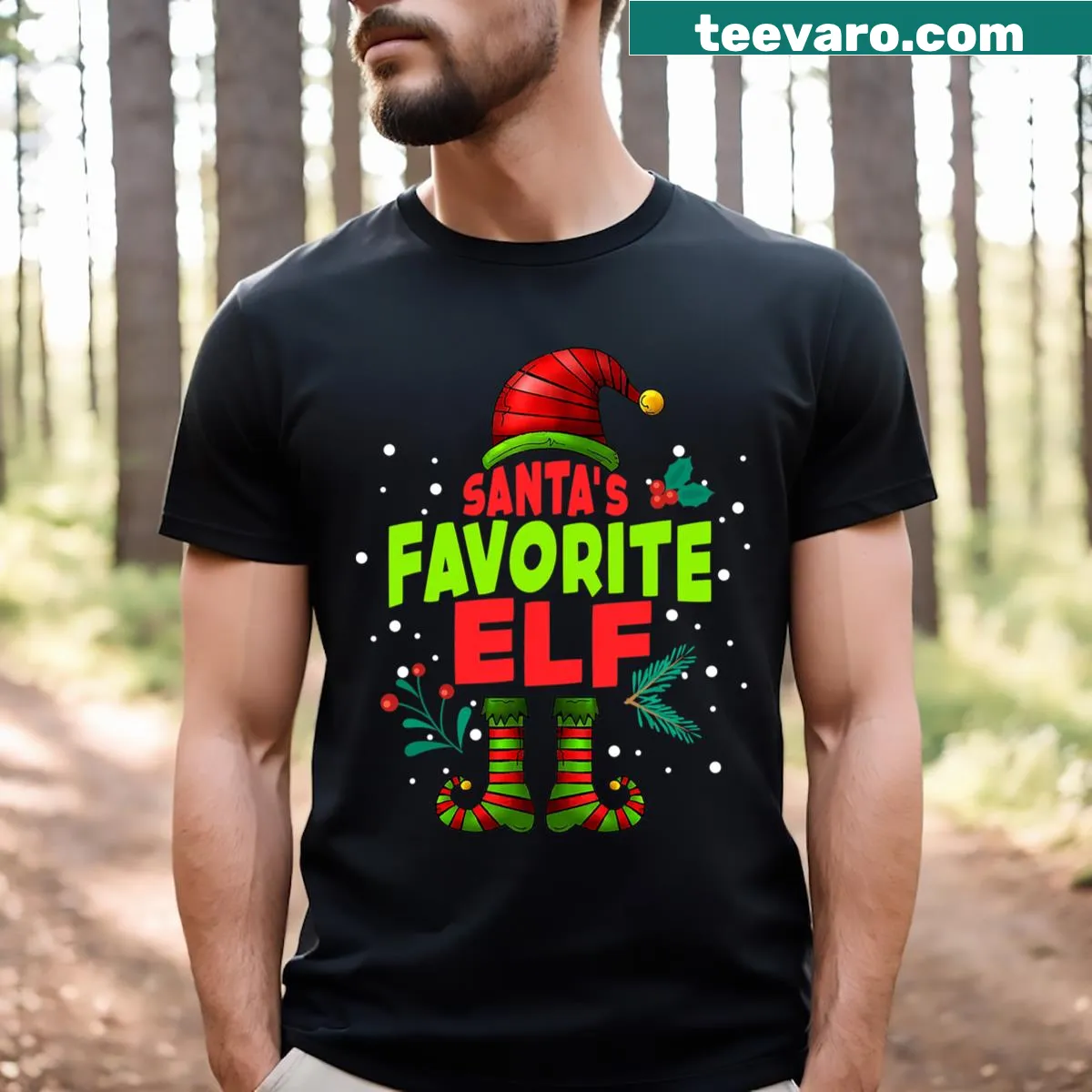 Funny Santa's Favorite Elf graphic on a family T-shirt — on a men's t-shirt