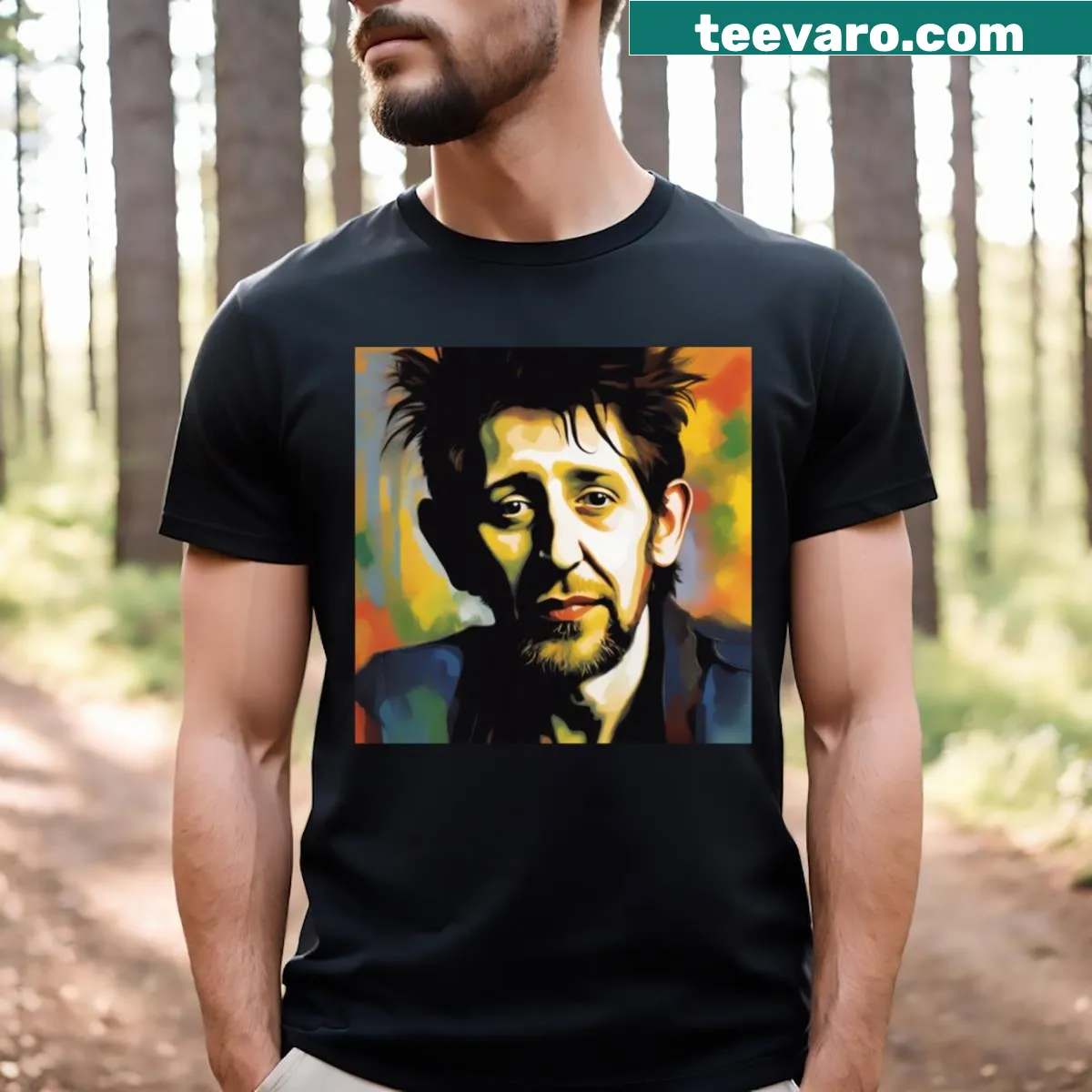 Shane Macgowan T-shirt with artistic illustration honoring the musician — on a men's t-shirt